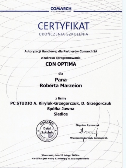 Certyfikat Comarch CDN Optima